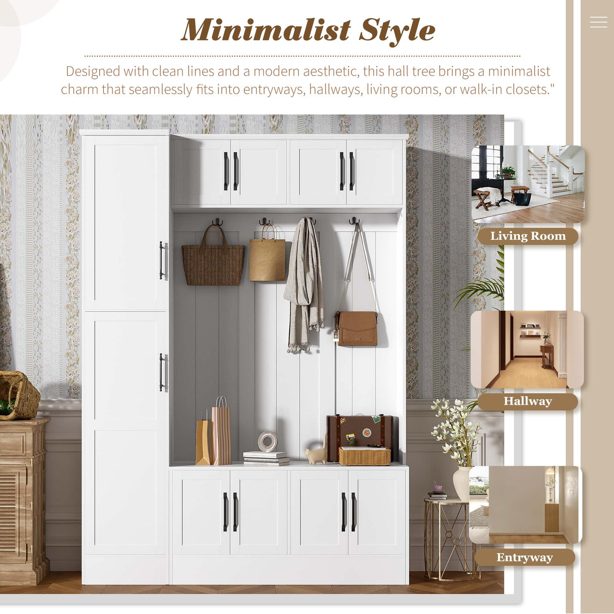 Merax Farmhouse Wood Hall Tree with Shoe Bench & 6 Cabinets, 4-in-1 Coat Rack with 4 Hooks & Adjustable Shelves, Entryway Storage Organizer Cabinet for Entrance, Hallway, Mudroom White Merax