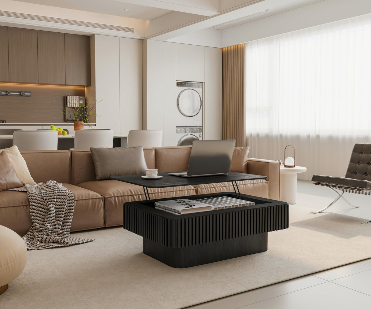 MELAABUU 38.6'' Lift Top Coffee Table with Hidden Compartment, Modern Rectangular Fluted Wooden Center Table Cocktail Tea Table with Storage and Adjustable Height for Living Room Apartment, Black MELAABUU