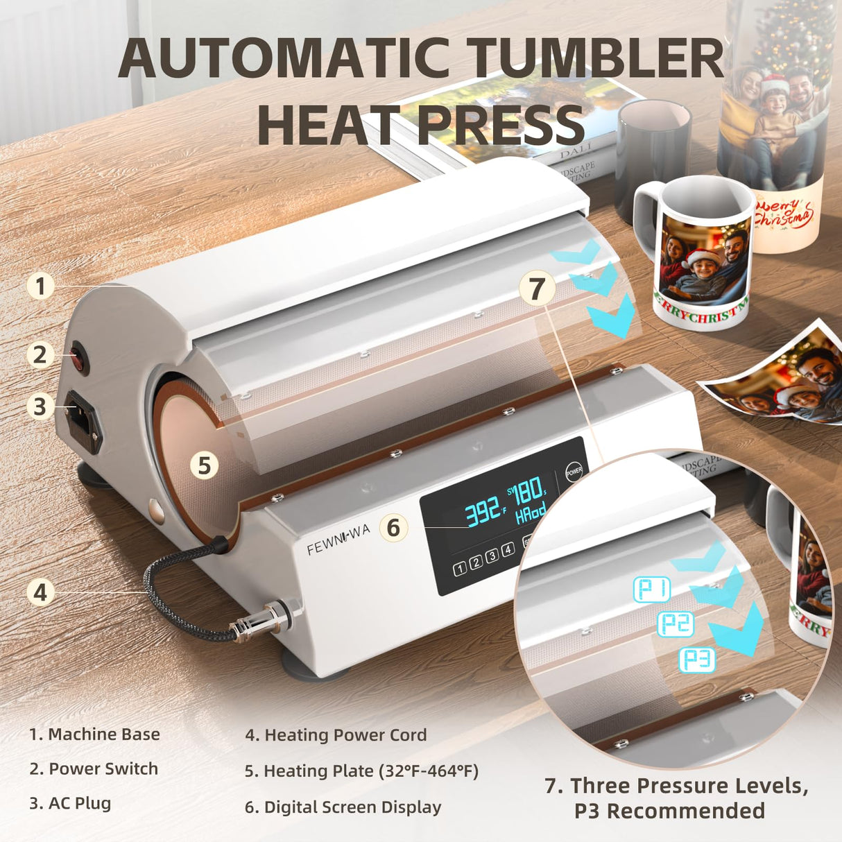 FewNvWa Tumbler Heat Press Machine - Auto Mug Heat Press Fast & Even, Auto-Off Safe Professional Sublimation for 10-30oz Cups, Glasses and Mugs FewNvWa