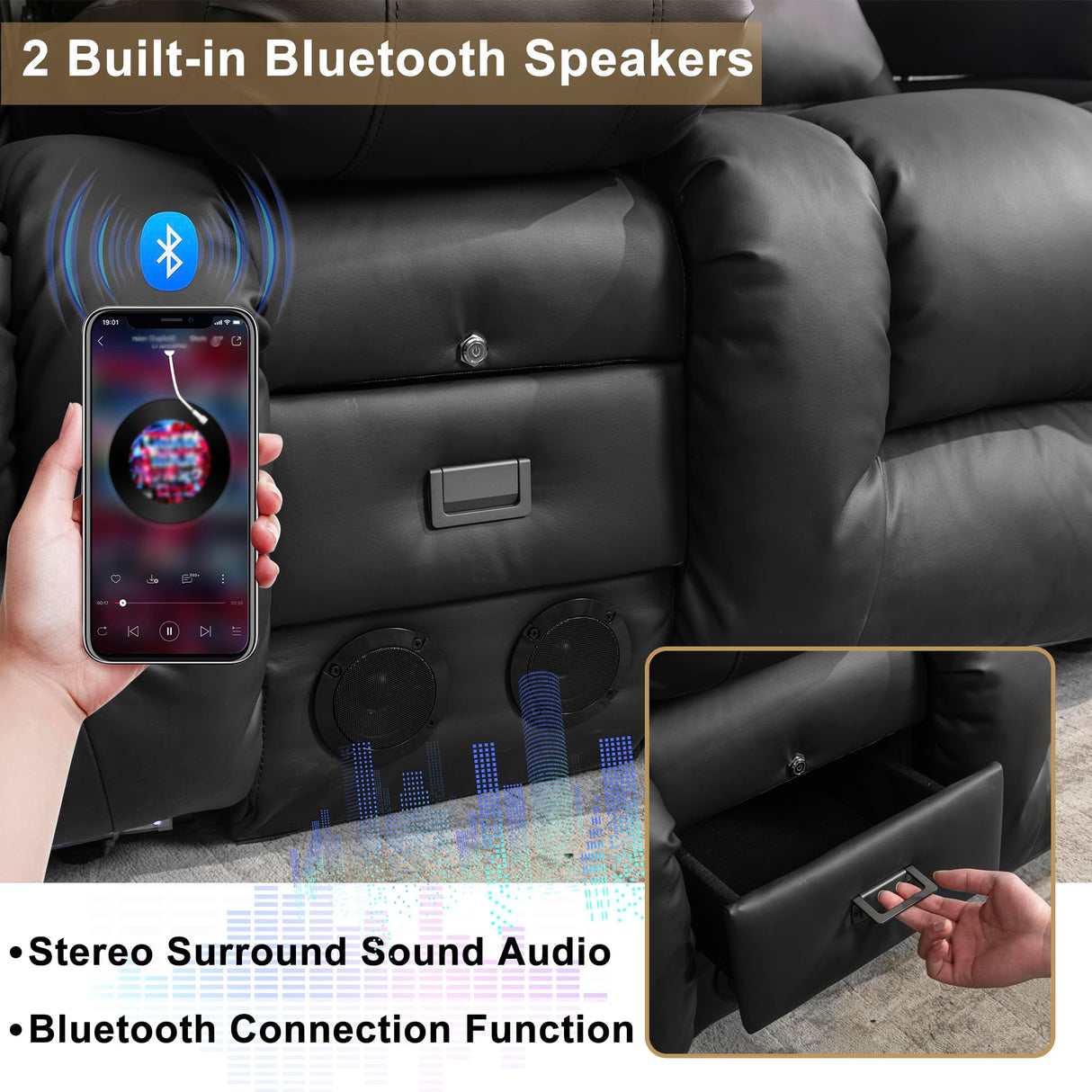 URRED Loveseat Recliner Sofa with Massage and Heat, Power Reclining Loveseat Sofa RV Couch with Console and Middle Seat, 3-Seater Home Theater Seating with LED Lights, Faux Leather, Black URRED