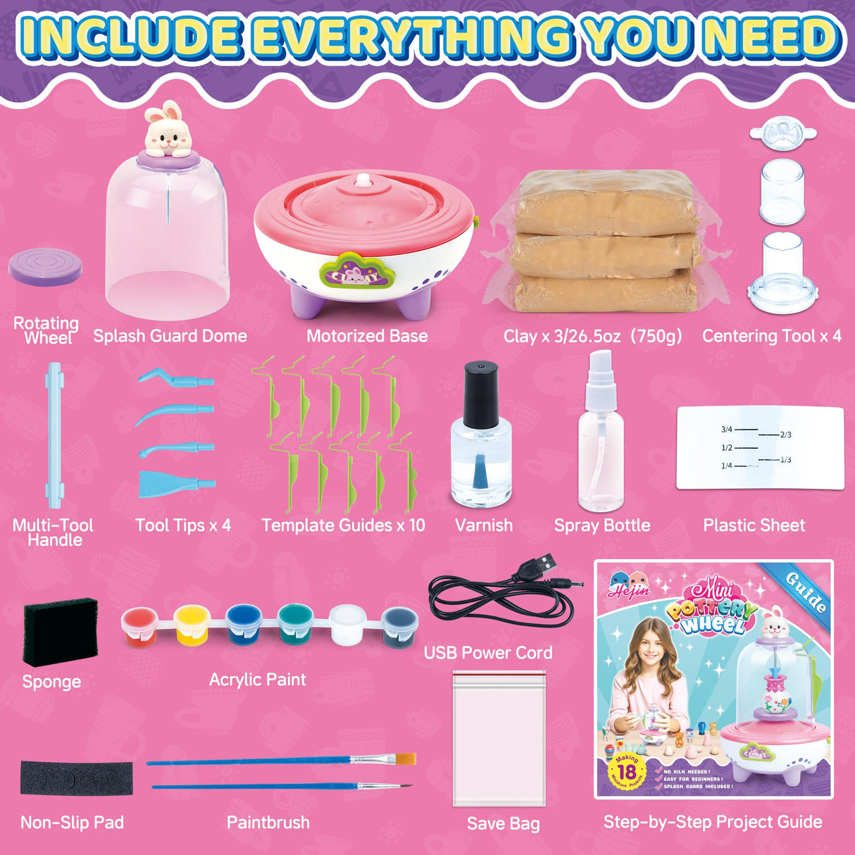 Pottery Wheel for Kids for Beginners, Mini Pottery Wheel,18 Miniature Clay Projects with 3 Pack Air Dry Clay, Arts and Crafts for Kids Ages 8-12 HEJIN