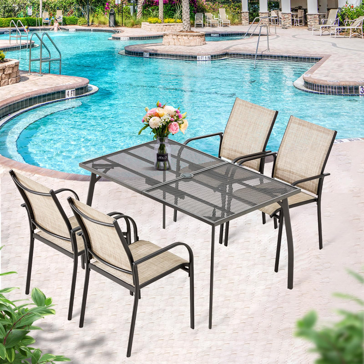 AECOJOY 5 Piece Patio Table and Chair Set for 4, Outdoor Dining Set Includes 51.2" Rectangle Table with 1.73" Umbrella Hole, 4 Stackable Textilene Chairs, for Garden, Backyard and Poolside, Dark Gray AECOJOY