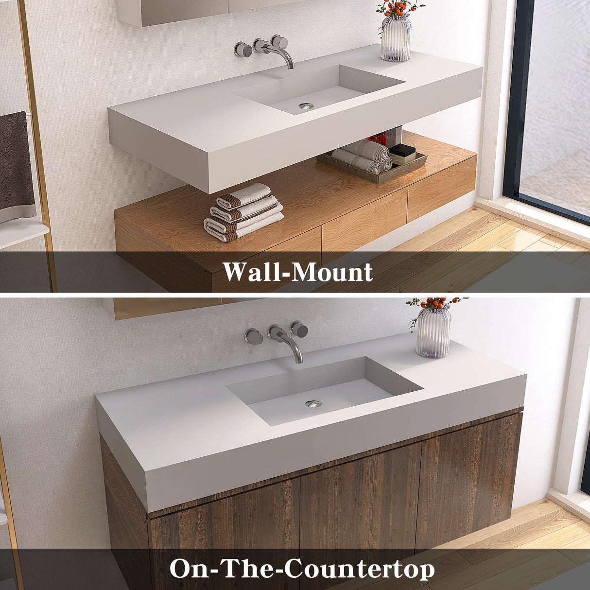 MEDUNJESS 47"X19" Stone Resin Wall Mounted Floating Sink, Bathroom Vanity with Sink,Solid Surface Bathroom Pedestal Sink Basin with No Faucet Hole and Pop-up Drain, Matte White MEDUNJESS