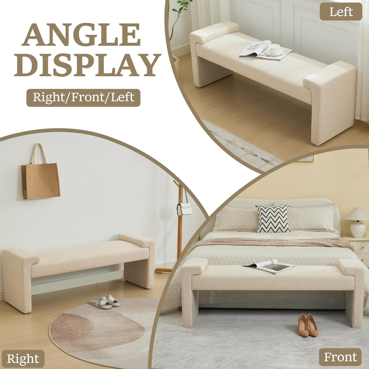 WUTUTUEE 58.7" Linen End of Bed Bench Upholstered Modern Bedroom Bench for Living Room & Entryway, Easy Assembly, Footrest Ottoman Accent Window Bench with Solid Wood Frame & Curved Arm, Tan WUTUTUEE