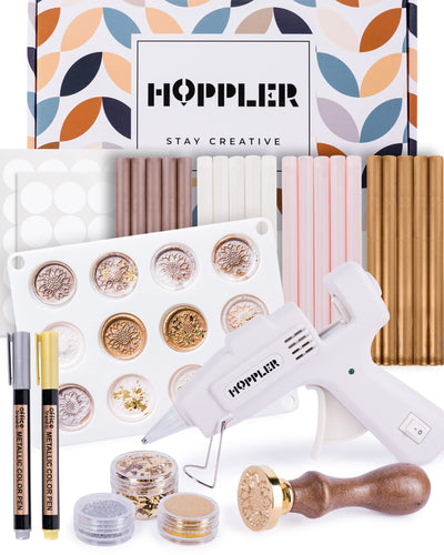 Hoppler Premium Wax Seal Kit with Seal Gun, Wax Sticks, a Flower Stamp, 12 Cavity Silicone Mold, and Extra Additions to Make Seals Stand Out and Make Invitations in Bulk.