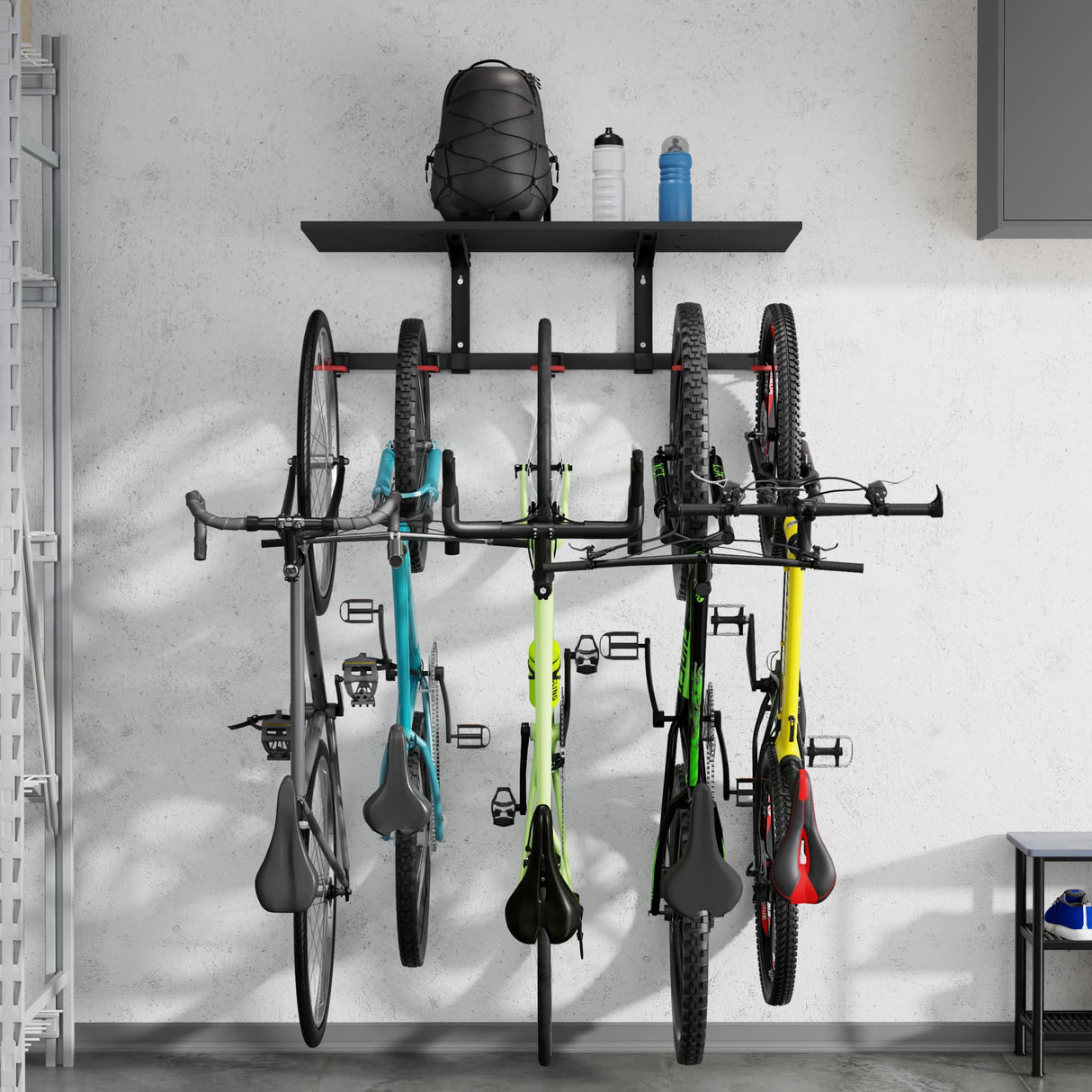 Mount-It! WheelsUp Bike Storage Rack with Shelf | Wall Mounted Garage Organizer Holds 5 Bikes | Adjustable Padded Hooks, Max Capacity 385 lbs | Space-Saving Solution Mount-It!
