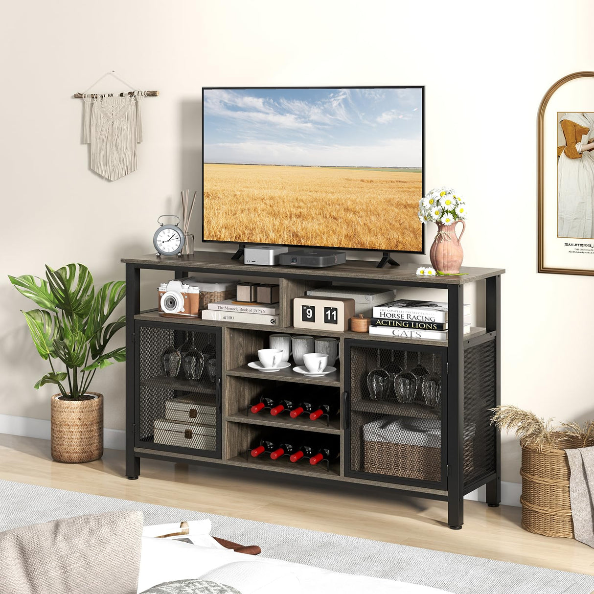 Giantex Coffee Bar Cabinet for Liquor and Glasses, 55” Buffet Sideboard with 8-Bottle Wine Racks, 6 Rows of Wine Glass Holders, Mesh Doors, Wine Cabinet for Kitchen, Dining Room, Living Room (Grey) Giantex