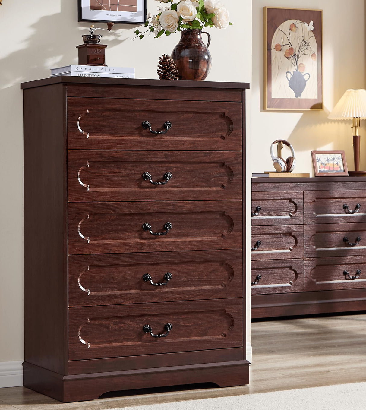 LIDYUK 5 Drawer Dresser for Bedroom Farmhouse Cherry Wood Chest of Drawers for Bedroom Dresser, Rustic 46" Tall Wide Drawers Dressers Wooden Closet Storage Cabinet, Hallway, Living Room LIDYUK