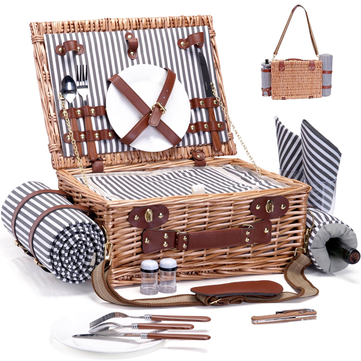 Picnic Basket with Blanket and Wine Pouch for 2 Wicker Picnic Set with Insulated Liner Cooler Bag Hamper for Camping,Wedding - Stripes SatisInside