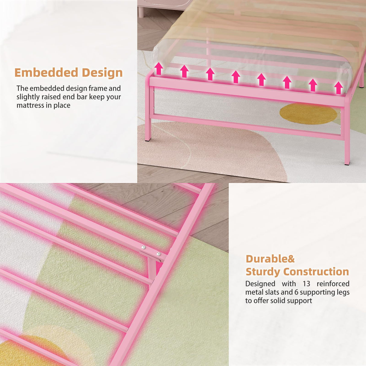 Merronix Twin Bed Frames with Charging Station, 2 Tiers Storage Headboard Twin Sized Bed No Box Spring Needed Heavy Duty Metal Platform Bed for Girls, Pink Merronix