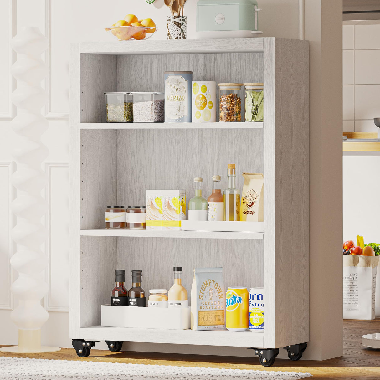 FUSUNBAO 3-Tier Bookshelf with Wheels Book Storage Organizer Bookcase Floor Standing Fixed Shelves Adjustable Shelf Display Shelves Cabinet for Living Room/Bedroom/Office (White) FUSUNBAO