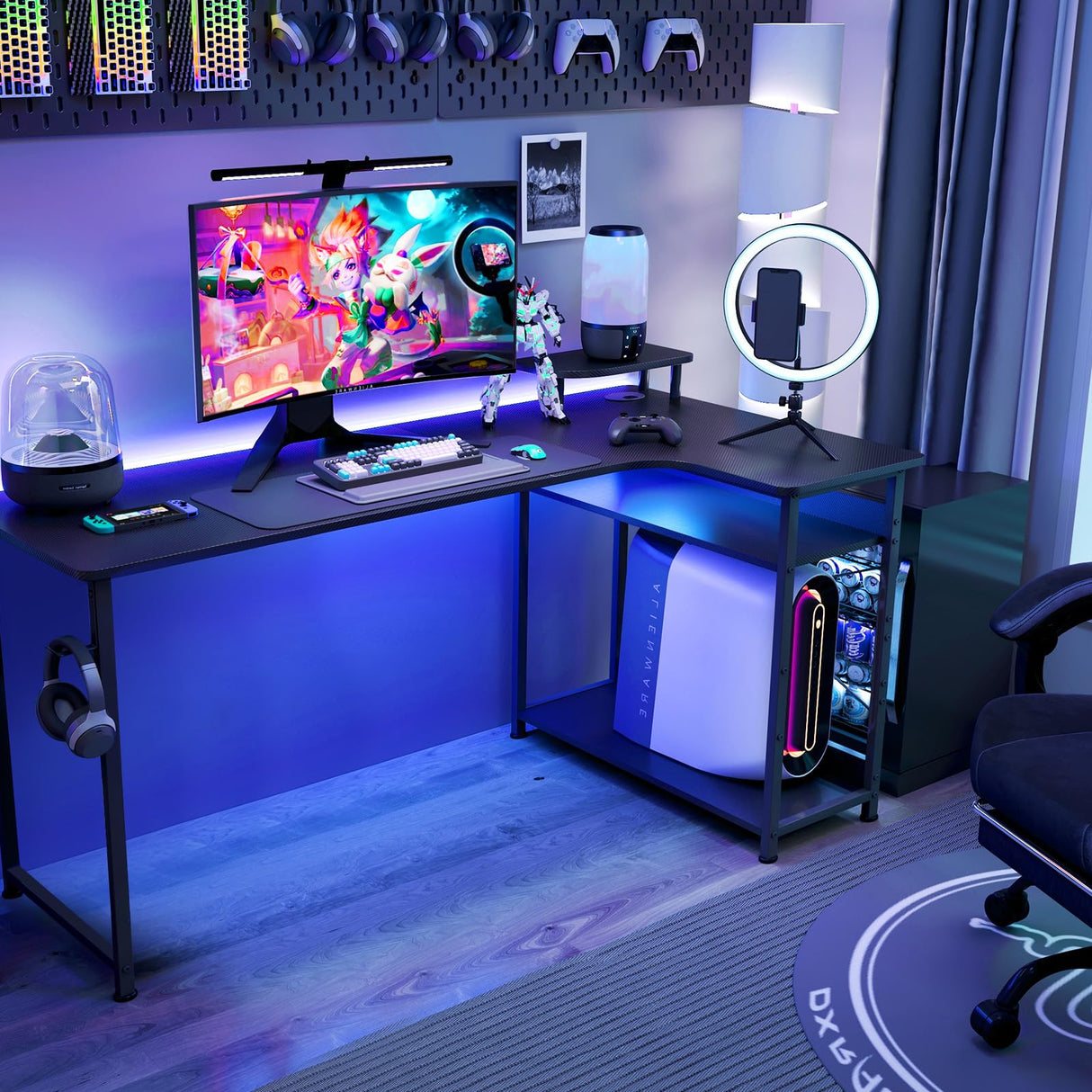 GTRACING L Shaped Gaming Desk, Carbon Fiber Style Computer Desk Compatible with Monitor Arm Storage Shelves Corner Desk Gaming Table for Home Office Desks Easy to Assemble Adjustable Shelf Height GTRACING