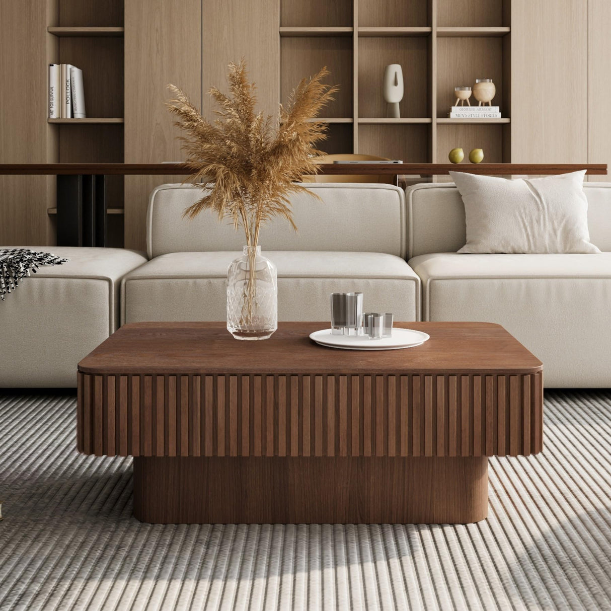 LKTART 38.6''Walnut Fluted Lift Top Coffee Table Modern Handcraft Drum Wooden Solid Wood Veneer Tea Table for Living Room Apartment(Hidden Storage) LKTART