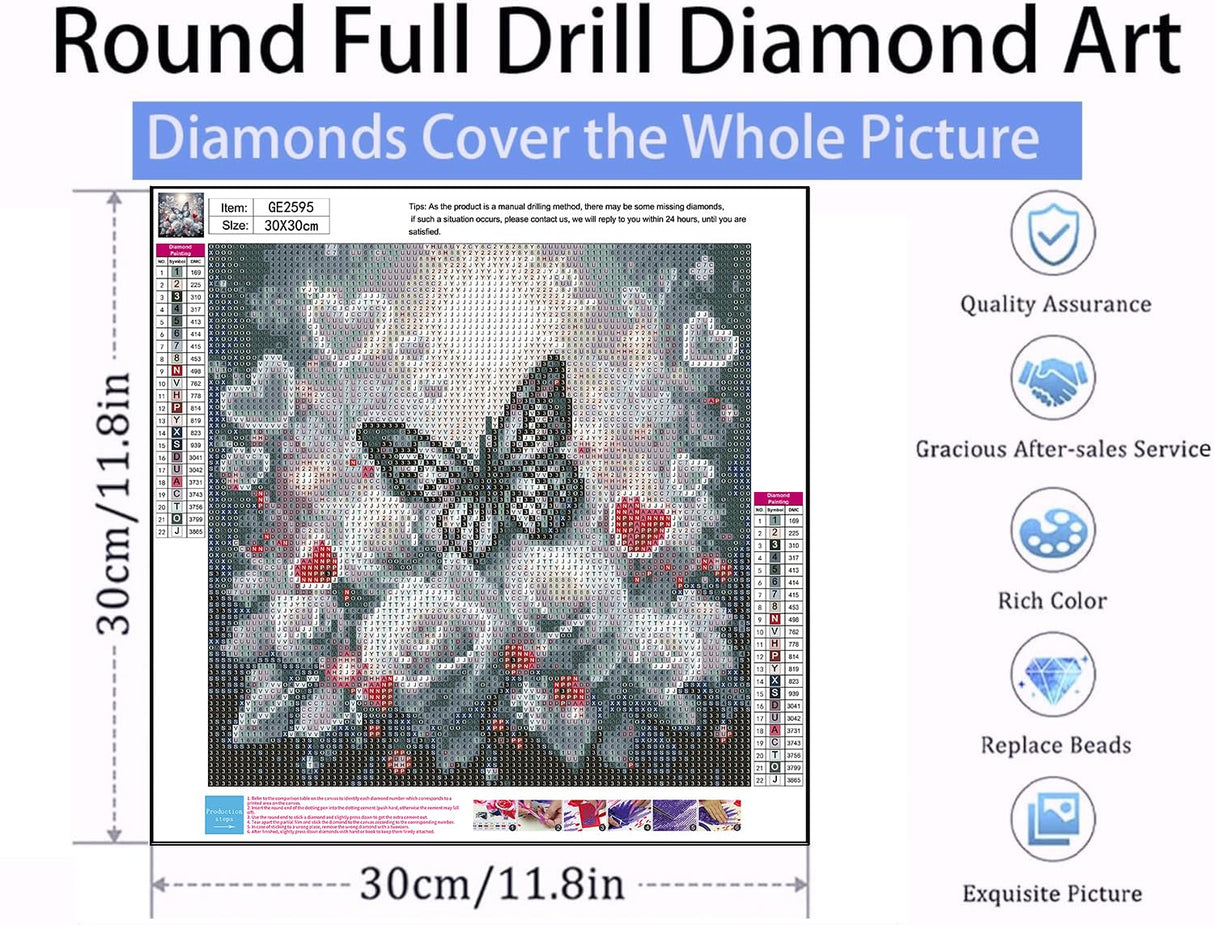 Gearock Butterfly Diamond Art Kits for Adults, 5D DIY White Rose Heart Beginners Diamond Painting Kits for Room Bedroom Living Room Bathroom Wall Decor 12x12 Inch Gearock