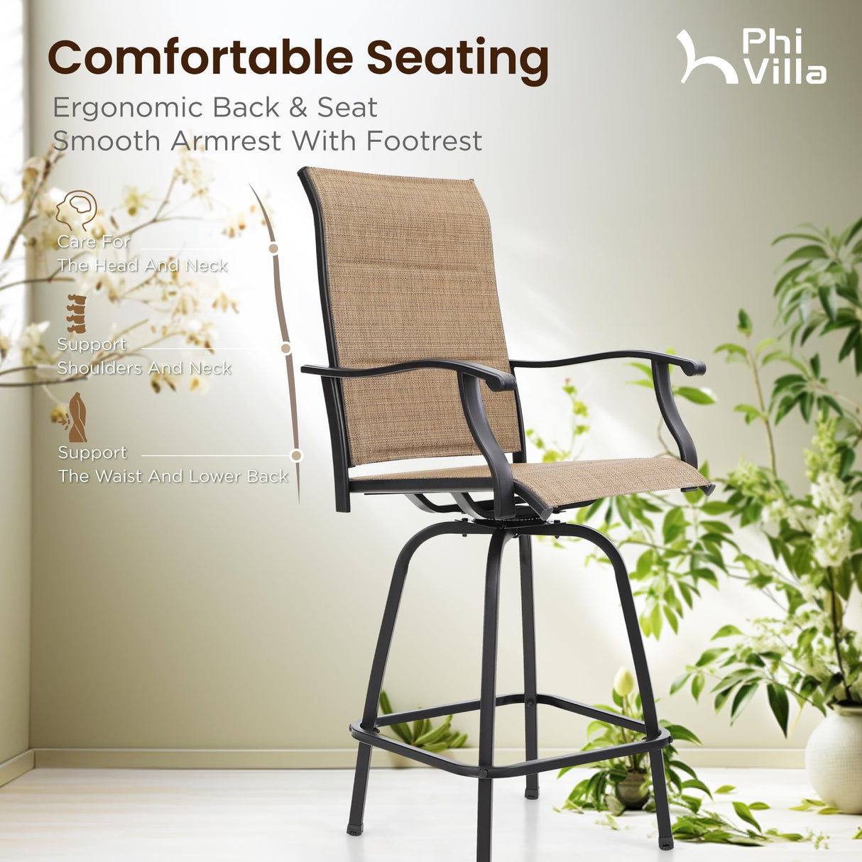 PHI VILLA 7 Piece Patio Bar Dining Set, Bar Height Outdoor Table and Chairs with 6 Swivel Bar Stools (Padded Textilene) & Large Rectangle Metal Table for Deck, Garden and Yard PHI VILLA