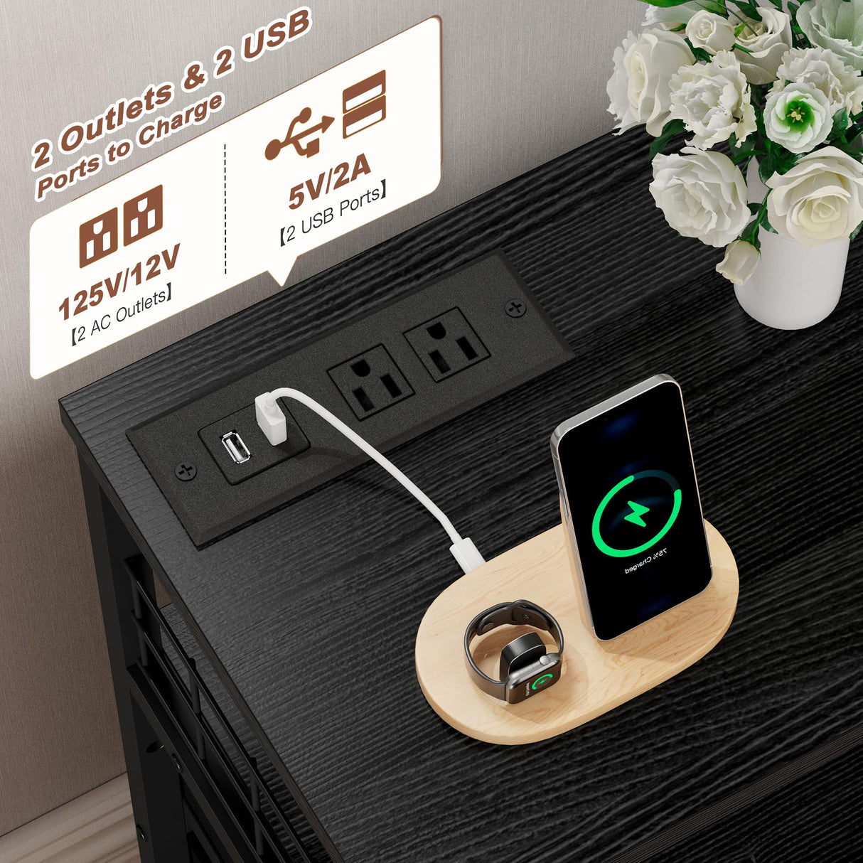 EnHomee Nightstand Set of 2, Night Stand with Charging Station & LED Lights, Bedside Table with 4 Fabric Drawers for Bedroom, Side Table with Outlets and 2 USB Ports, Black EnHomee