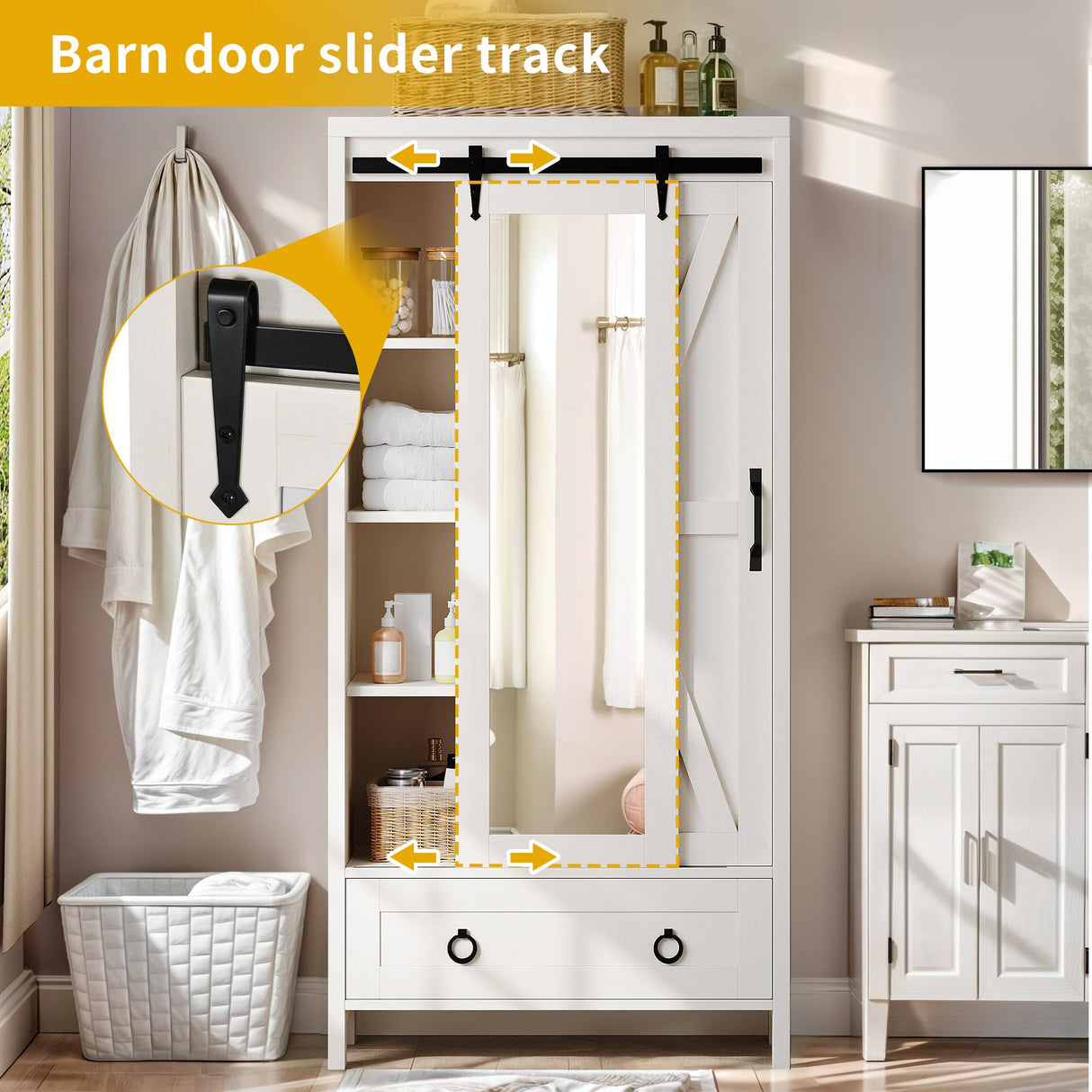 DWVO Bathroom Storage Cabinet, 67" Tall Storage Cabinet with Full Length Mirror & Barn Door, Farmhouse Bathroom Cabinets with Drawers for Kitchen Cabinet, Living Room, Laundry, White Oak DWVO