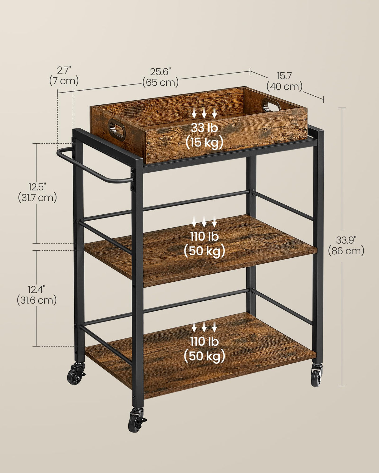 VASAGLE Kitchen Serving Cart with Removable Tray, 3-Tier Kitchen Utility Cart on Wheels with Storage, with Brakes, Leveling Feet, 15.7 x 28.3 x 33.9 Inches, Rustic Brown and Black ULRC72X VASAGLE