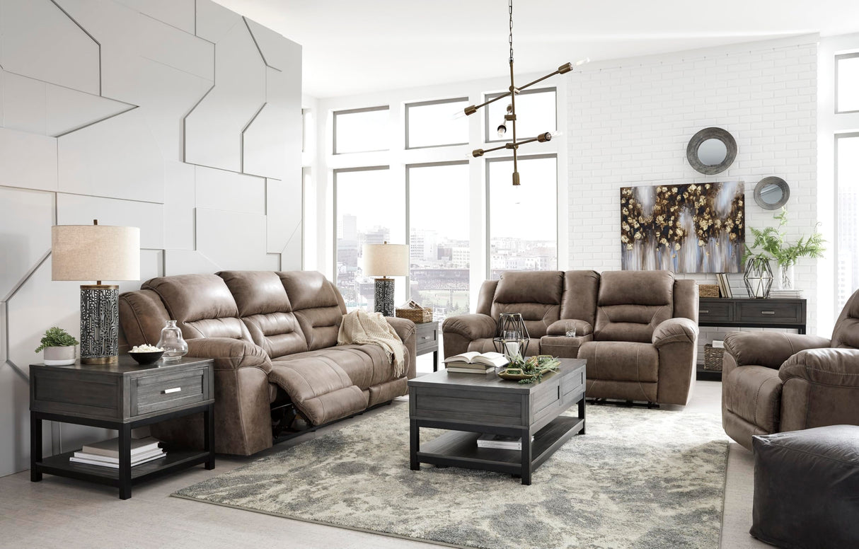 Signature Design by Ashley Stoneland Faux Leather Manual Double Reclining Loveseat with Center Console, Light Brown Signature Design by Ashley