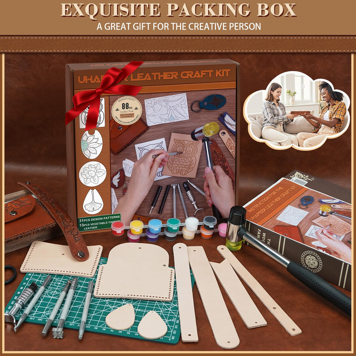 UHAPEER 88PCS Leather Crafting Kit: Leather Working Tools and Supplies for Adult, with Stamping Dyeing Carving Tools, Video Tutorial for Beginners to DIY Earring Wallet Keychain Wristband UHAPEER