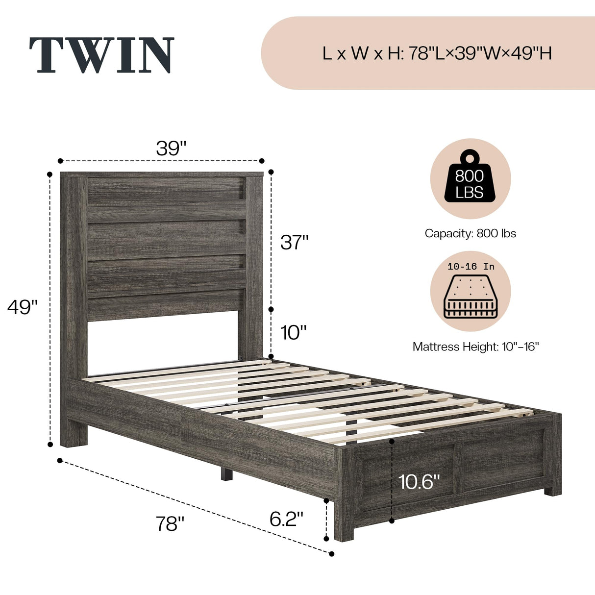 LUXOAK Twin Farmhouse Bed Frame with 49" Fluted Headboard, Wooden Platform Bed with Natural Grain, Noise-Free, No Box Spring Needed, Rustic Grey LUXOAK