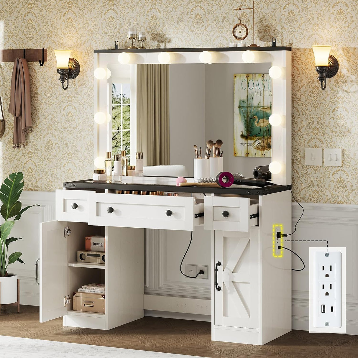 LUXOAK 43" Farmhouse Makeup Vanity Desk with Mirror, Lights, Power Outlet, Glass top Vanity with Storage Drawers & Adjustable Shelves, Hollywood Vanity for Bedroom, Girls, Womens, White LUXOAK