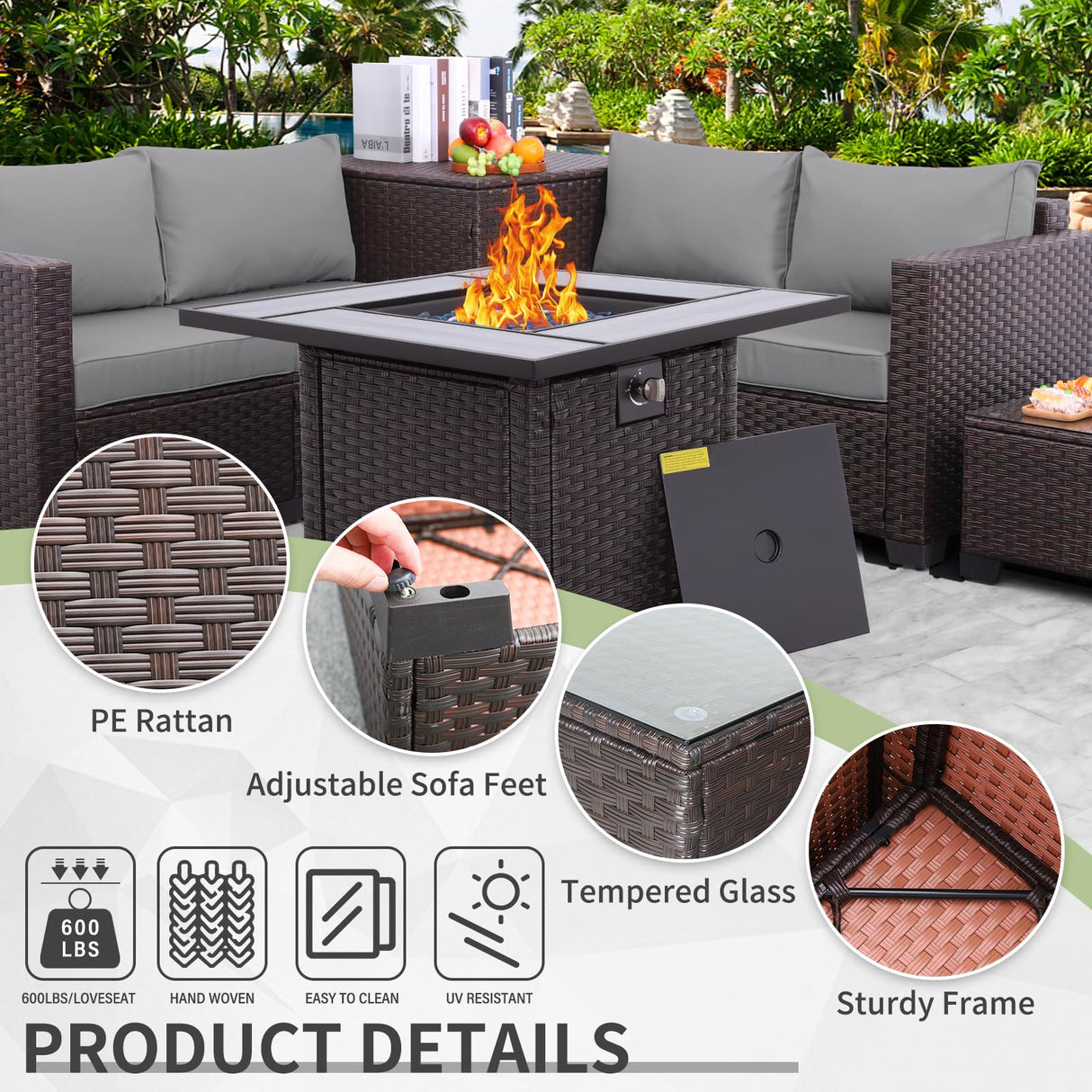 WAROOM 5 Pieces Patio Furniture Set PE Wicker Outdoor Brown Rattan Sectional Sofa Loveseat Couch Conversation Chair with Storage Bin Coffee Table and Propane Fire Pit, Anti-Slip Grey Cushion WAROOM