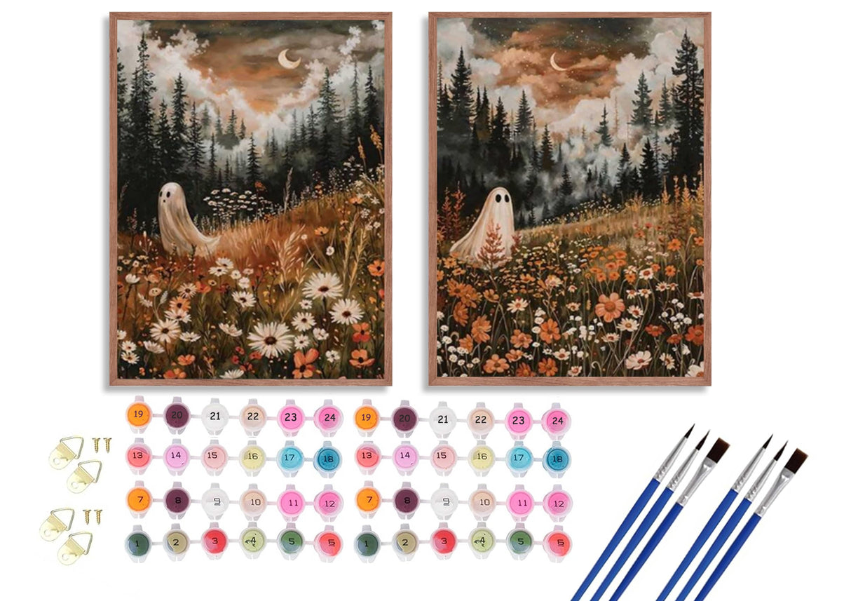 Halloween Whimsical Ghost Paint by Number Kit, 12x16inch Floral Meadow & Forest Moonlit Scenes DIY Painting for Adults and Kids, Halloween Autumn Art Craft Supplies Frameless Generic