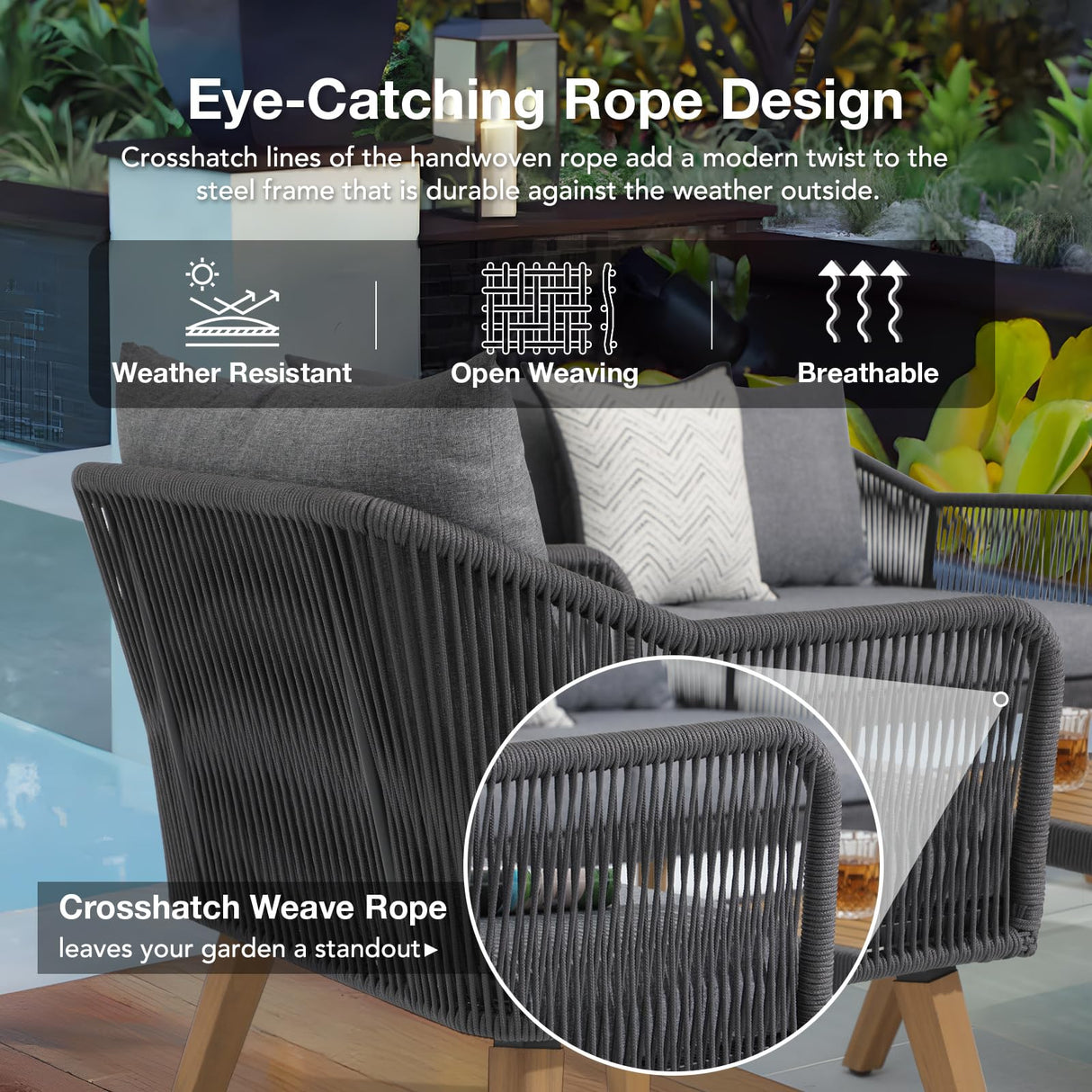 Patiorama 4 Piece Patio Furniture Set, Outdoor FSC Certified Acacia Wood Conversation Set, All-Weather Rope Sofa Set w/Coffee Table, Loveseat, Modern Deep Seating Set for Lawn Balcony Poolside, Grey Patiorama