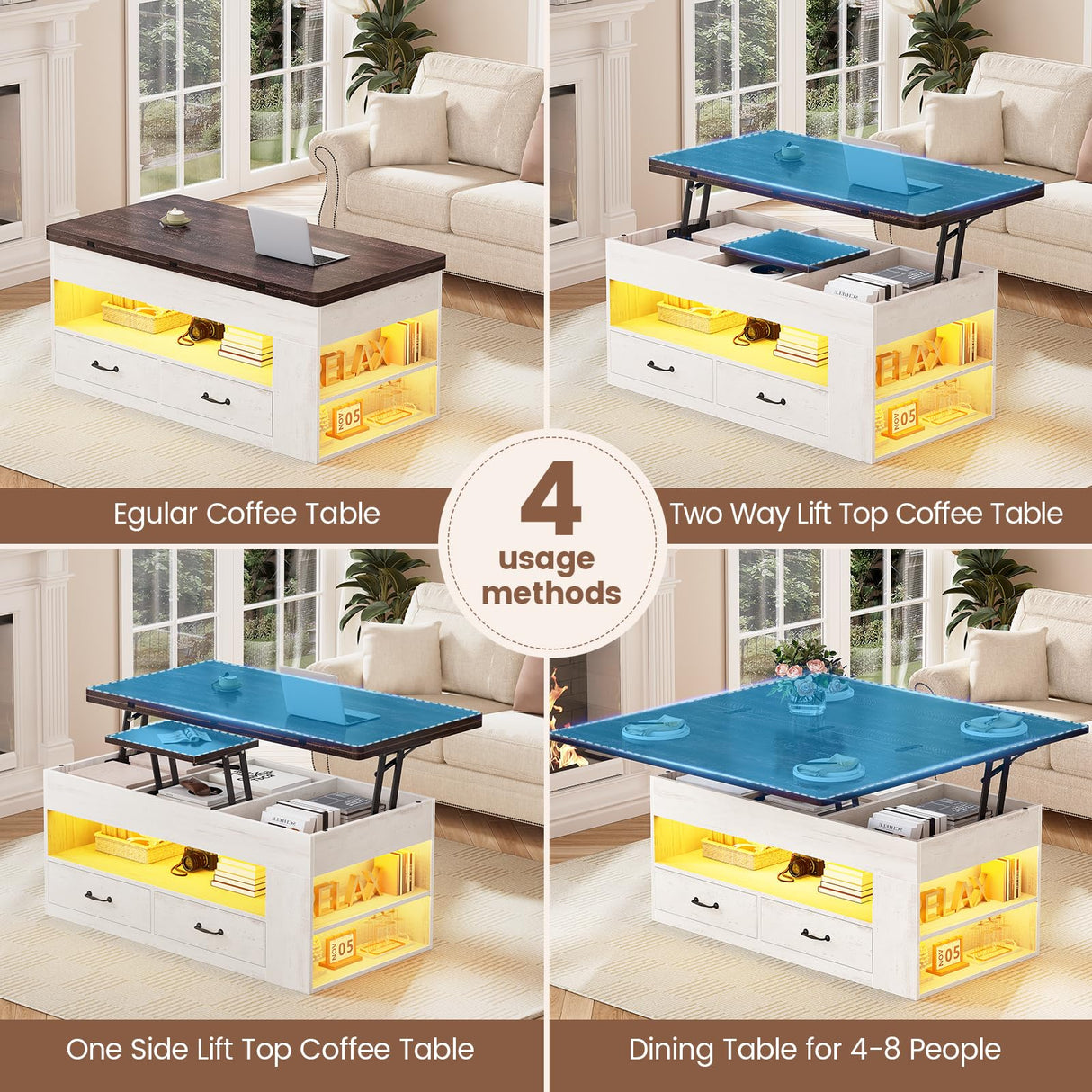 Itaar Lift Top Coffee Table, 4 in 1 Coffee Tables with Storage and Hidden Compartment, Farmhouse Coffee Table with 2 Fabric Drawers & LED Light for Living Room, White Itaar