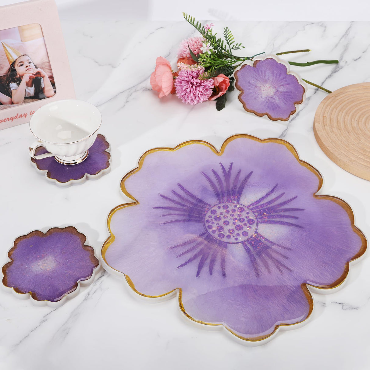 1PCS Large Resin Tray Mold and 5PCS Coaster Molds for Resin Casting Large Flower Silicone molds for Resin Tray Casting Flower Shape Epoxy Resin Casting Molds for DIY, Home Decoration AOEDEO