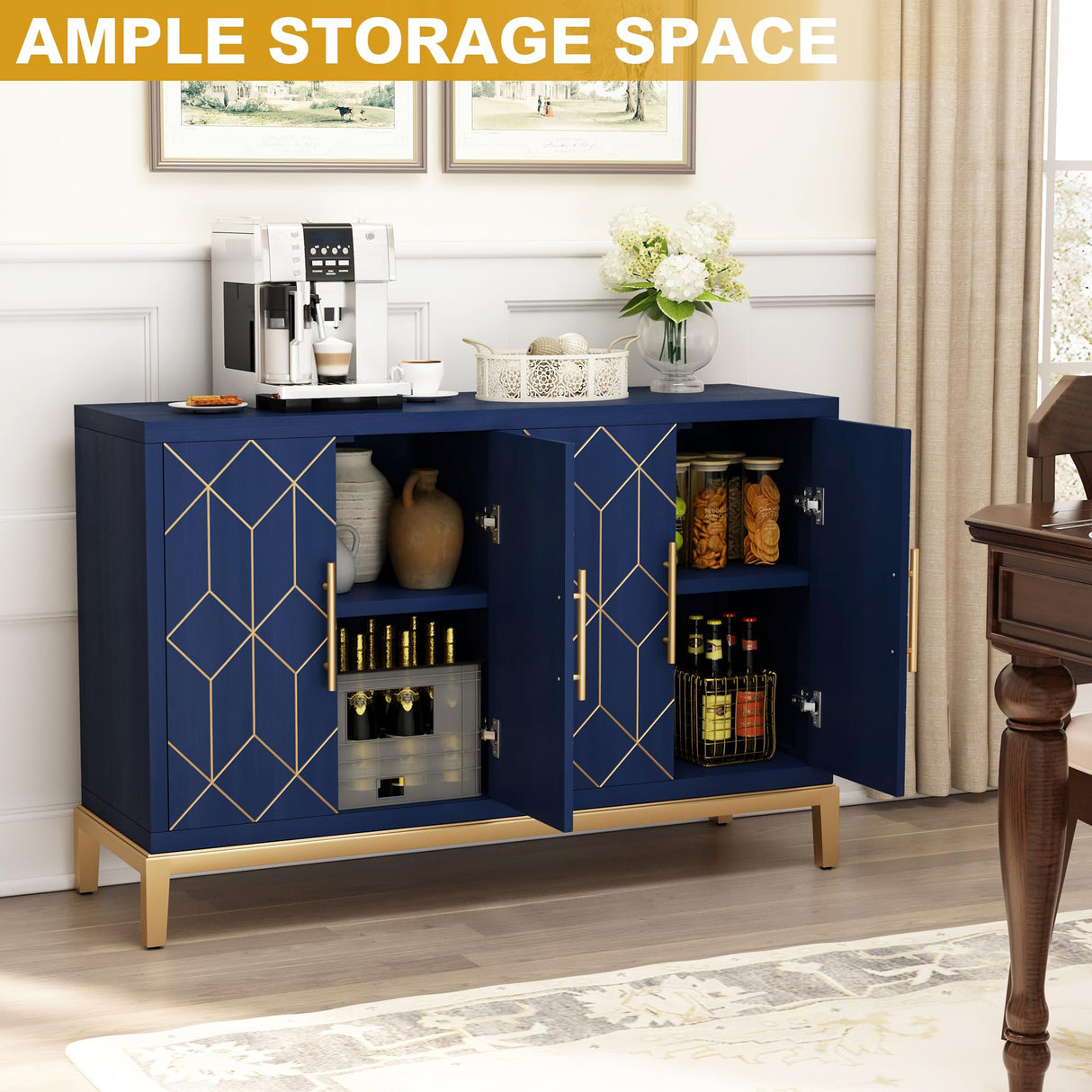 HLR 48" Accent Cabinet with 4 Doors and Shelves, Modern Credenza Storage Cabinet with Gold Trim, Sideboard Buffet for Living Room, Kitchen, Dining Room, Hallway, Blue HLR