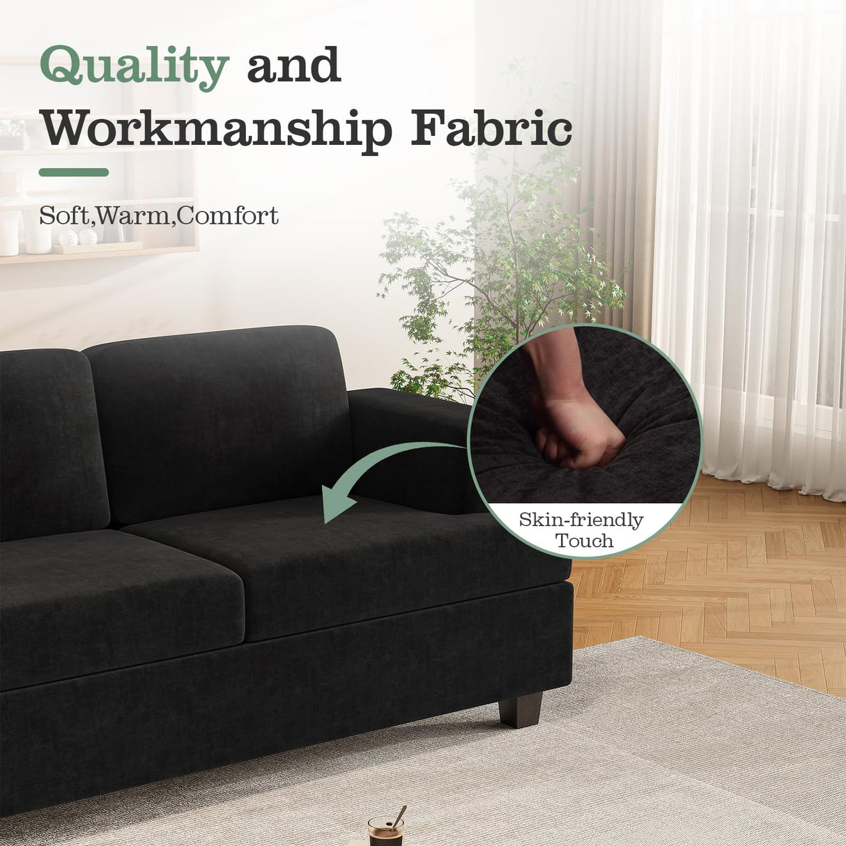 Apicizon 89" Black Couch, Comfy Couch Clound Couch 3 Seater Sofa for Living Room, Dark Grey Sofa Couch Modern Couches with Removerable Cover for Bedroom, Chenille Apicizon