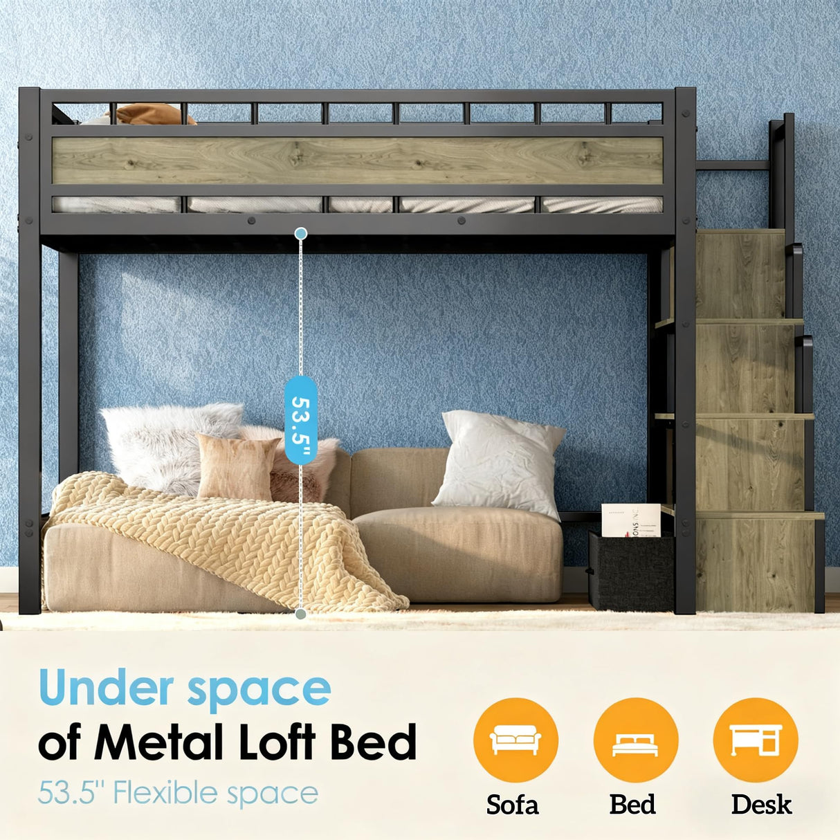 SogesGame Loft Bed with Stairs, Twin Loft Bed with Storage Drawers, Loft Bed for Kids and Teens, Space-Saving Heavy-Duty Bed Frame, No Box Spring Needed, Easy Assembly, Black SogesGame