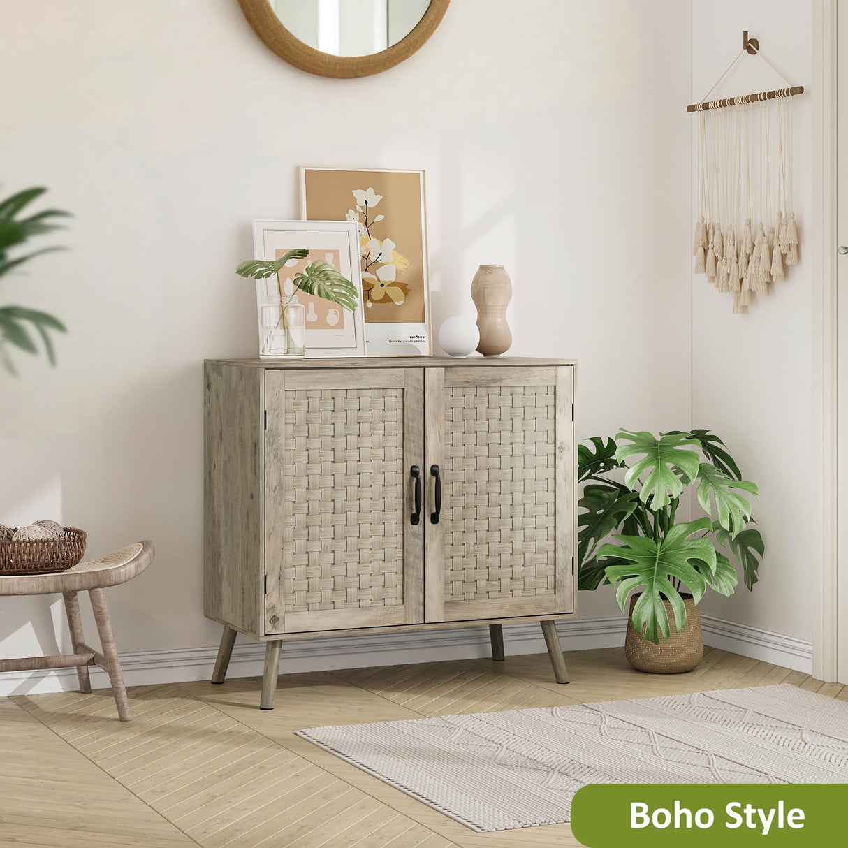 Smart FENDEE Farmhouse Sideboard Cabinet, Buffet Storage Cabinet with Handmade PVC Rattan Decor Doors & Adjustable Shelf, Wood Accent Table Coffee Station for Kitchen, Living Room, Entryway, Grey Oak Smart FENDEE