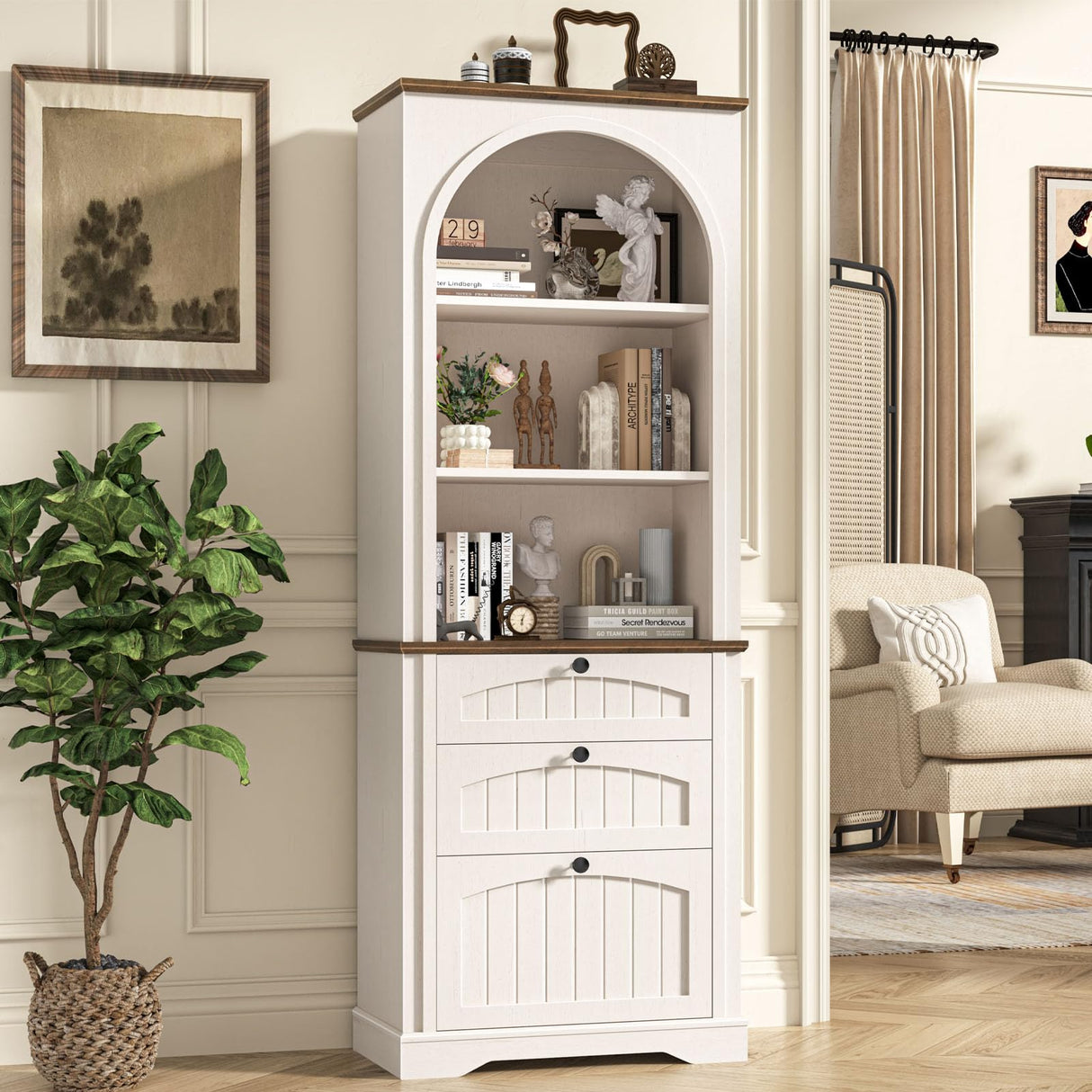 Bookshelf with File Drawers for Letter/A4/Legal Size Hanging Files, 68" Tall Farmhouse Bookcase with 3-Tier Open Shelves, Wood Floor Display Storage Cabinet for Home Office, Living Room, Rustic White Vabches