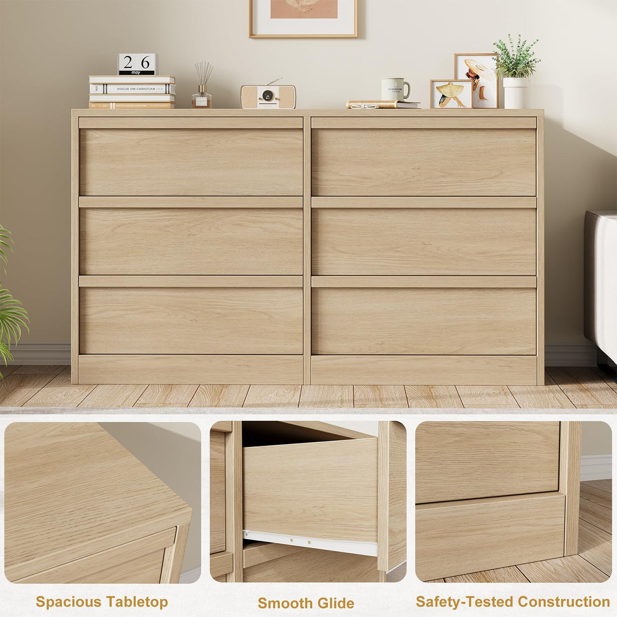 GarveeHome 6 Drawer Dresser for Bedroom, 47in Wide Natural Oak 6 Chest of Drawers with Large Storage, Wooden Dresser Organizer for Living Room, Entryway, Nursery GarveeHome