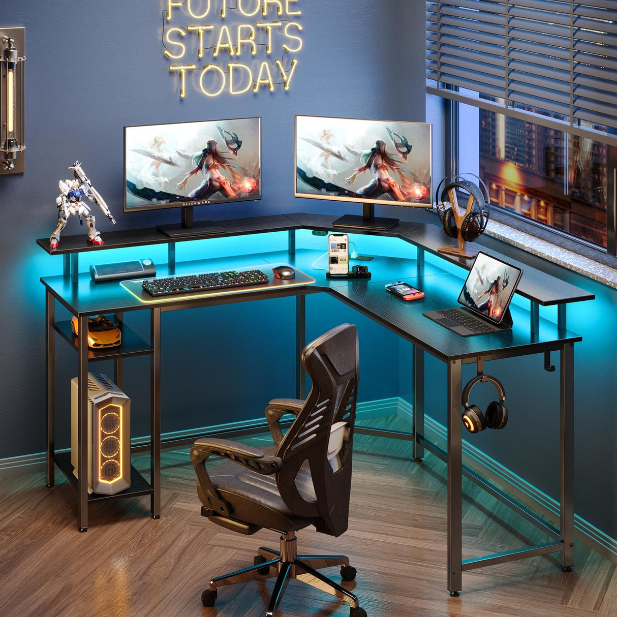 Rolanstar L Shaped Gaming Desk with LED Lights & Power Outlets, 53" Computer Desk with Full Monitor Stand & Storage Shelf, Corner Desk with Hooks, Black Desk Reversible Rolanstar
