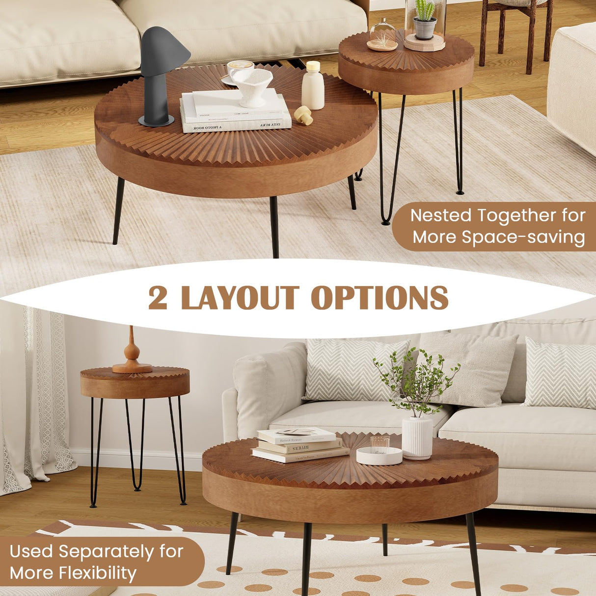 COSTWAY Farmhouse Round Coffee Table Set of 2, Rustic Sofa Side Tea Tables w/Wood Finish, Metal Frame, Adjustable Foot Pads, Nesting End Table Set for Living Room, Bedroom (Radial Pattern, Brown) COSTWAY