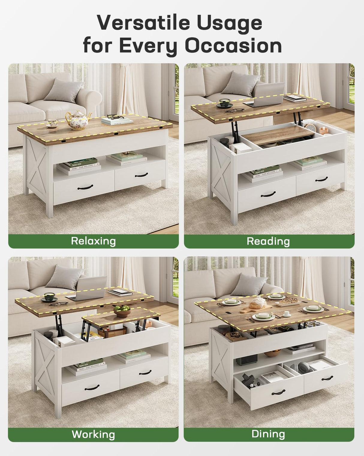 Marsail 40" Lift Top Coffee Table, 4 in 1 Coffee Table with Hidden Compartment, 1 Open Shelf and 2 Drawers, Multifunctional Farmhouse Center Table for Living Room and Home Office, Brown and White Marsail