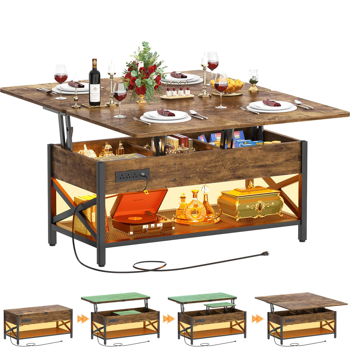 Aheaplus Coffee Table Lift Top with LED Light and Power Outlet, Multi-Function Coffee Table Converts to Dining Table, Center Table with Shelves for Living Room Reception Home Office, Rustic Brown Aheaplus