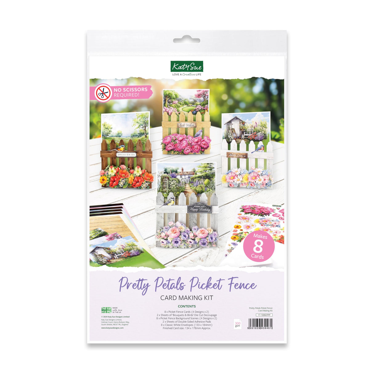 Katy Sue Pretty Petals Picket Fence Card Making Kit. Contains 8 Shaped Cards, 2 Sheets of Die Cut Decoupage, Foam Pads, 8 Envelopes & Instructions. for Card Making Supplies & Card Crafting Katy Sue