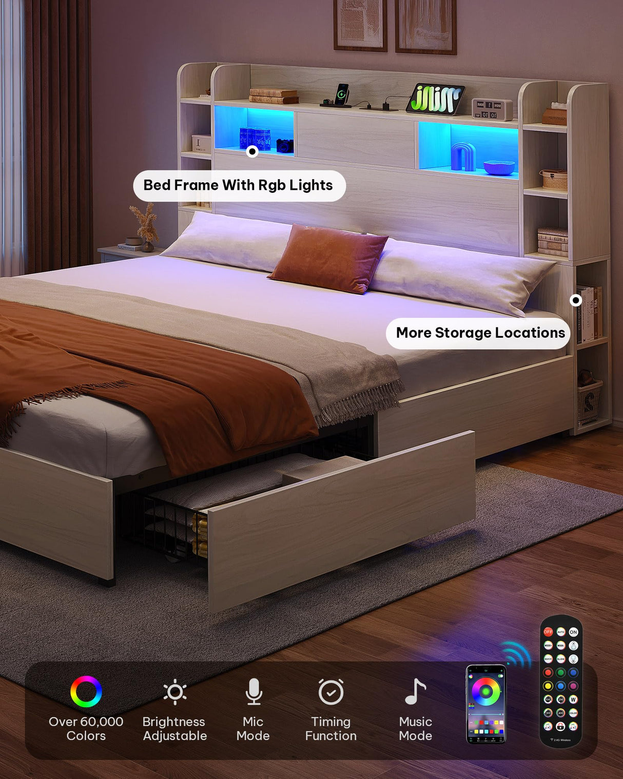 YITAHOME King Bed Frame with Bookcase Headboard and 4 Storage Drawers, RGB LED Light Bed with Type-C & USB Charging Station Storage Headboard Bed Frame, No Box Spring Needed, Noise Free, Antique White YITAHOME