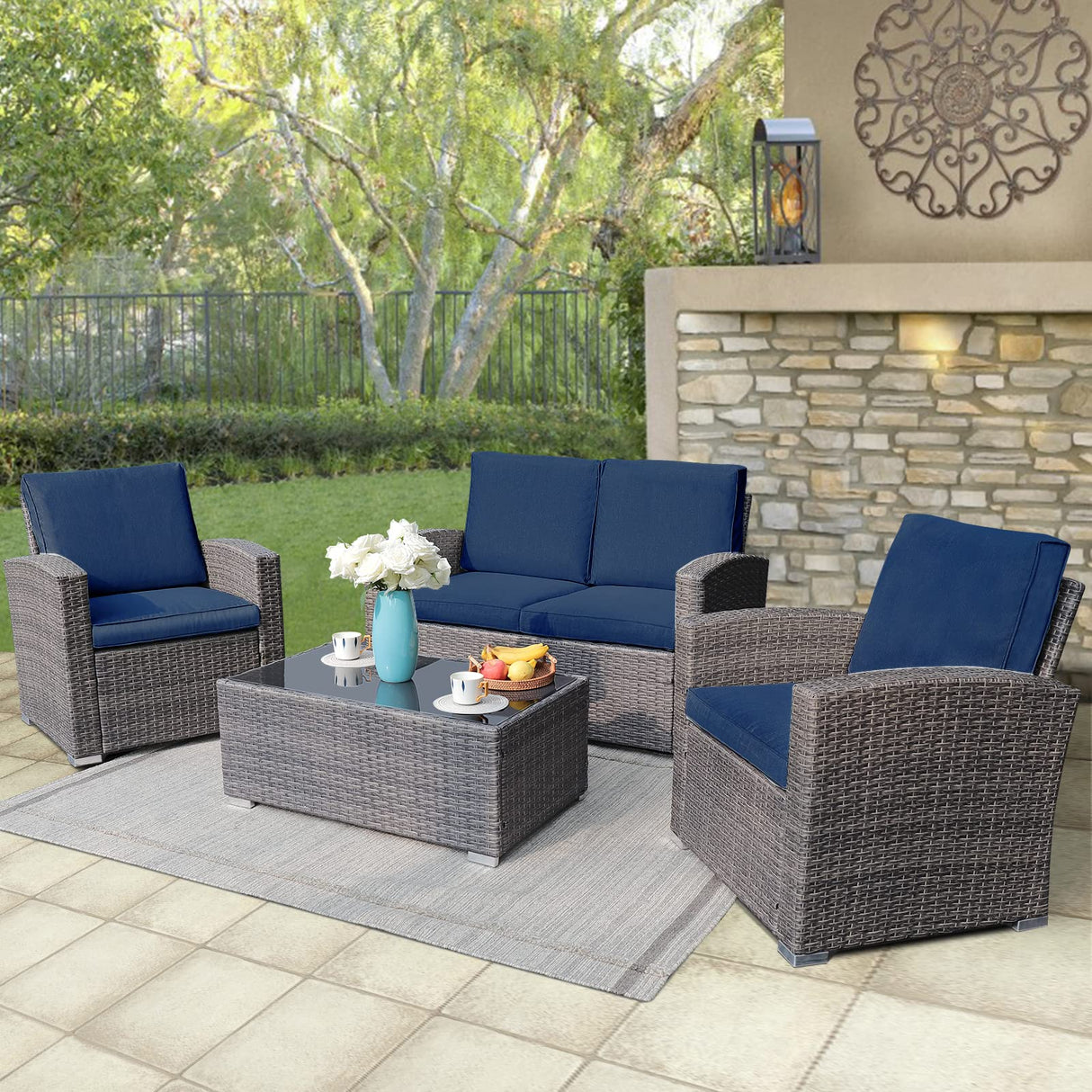 JOIVI Patio Furniture Set, 4 Piece Outdoor Patio Conversation Set, All-Weather PE Rattan Wicker Sectional Patio Sofa Set with Tempered Glass Coffee Table for Family Gatherings, Navy Blue JOIVI