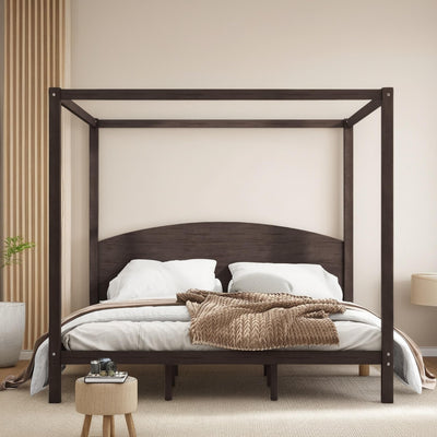 MaiDeHaoo King Size Canopy Bed Frame with Headboard, Wood King Canopy Platform Bed Frame with Headboard and Support Legs, 4 Post Canopy Bed with Under Bed Storage, Brown