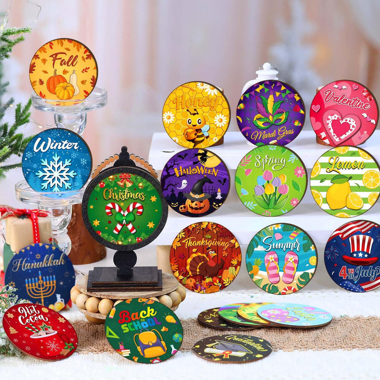 RattanView 21 Pcs Interchangeable Table Decor Wooden Seasonal Table Centerpieces Small Holiday Standing Sign Christmas Winter Home Decoration for Farmhouse Gifts RattanView