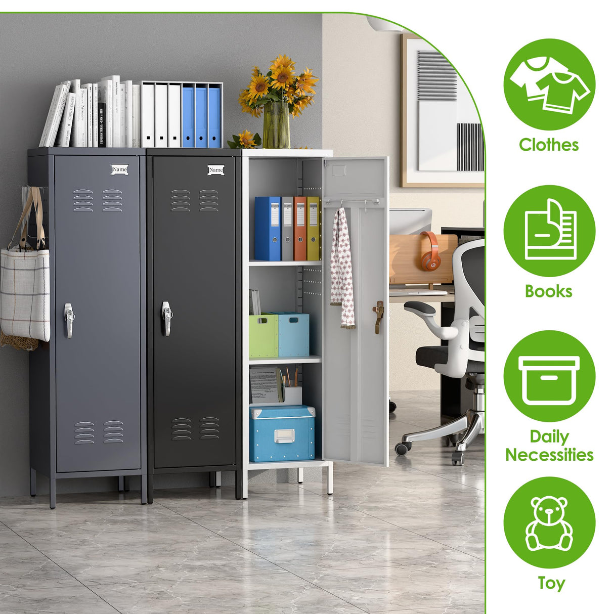 SUPEER Metal Lockers for Employees with Handle,Metal Storage Locker with 2 Pegboard & 5 Hooks for Gym, School, Office,Home,Garage,White SUPEER