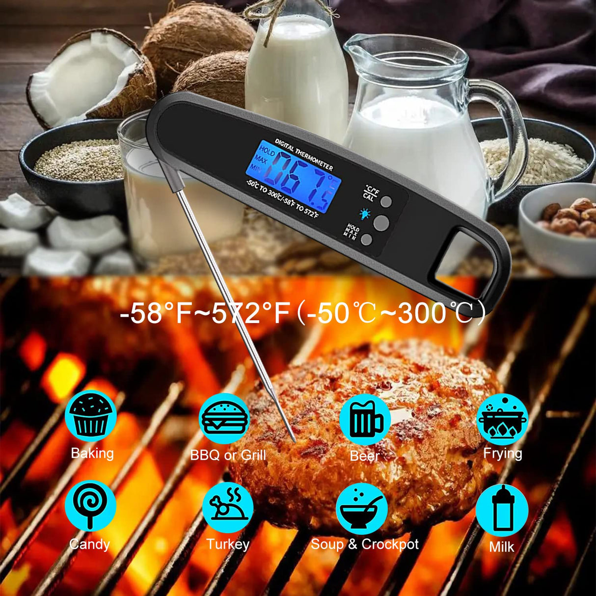 LIKEPAI Instant Read Meat Thermometer for Kitchen Cooking, Ultra Fast Precise Waterproof Digital Food Thermometer with Backlight, Magnet and Foldable Probe for Deep Fry, Outdoor BBQ, Grill(Black) LIKEPAI