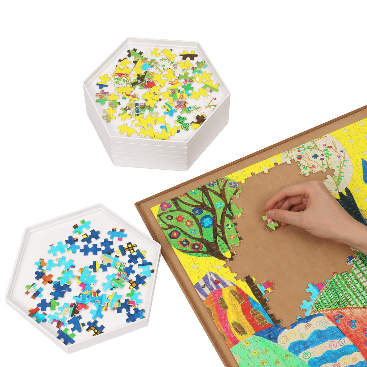 Becko US Stackable Puzzle Sorting Trays Jigsaw Puzzle Sorters with Lid Puzzle Accessory for Puzzles Up to 1500 Pieces, 8 Hexagonal Trays (White) Becko US