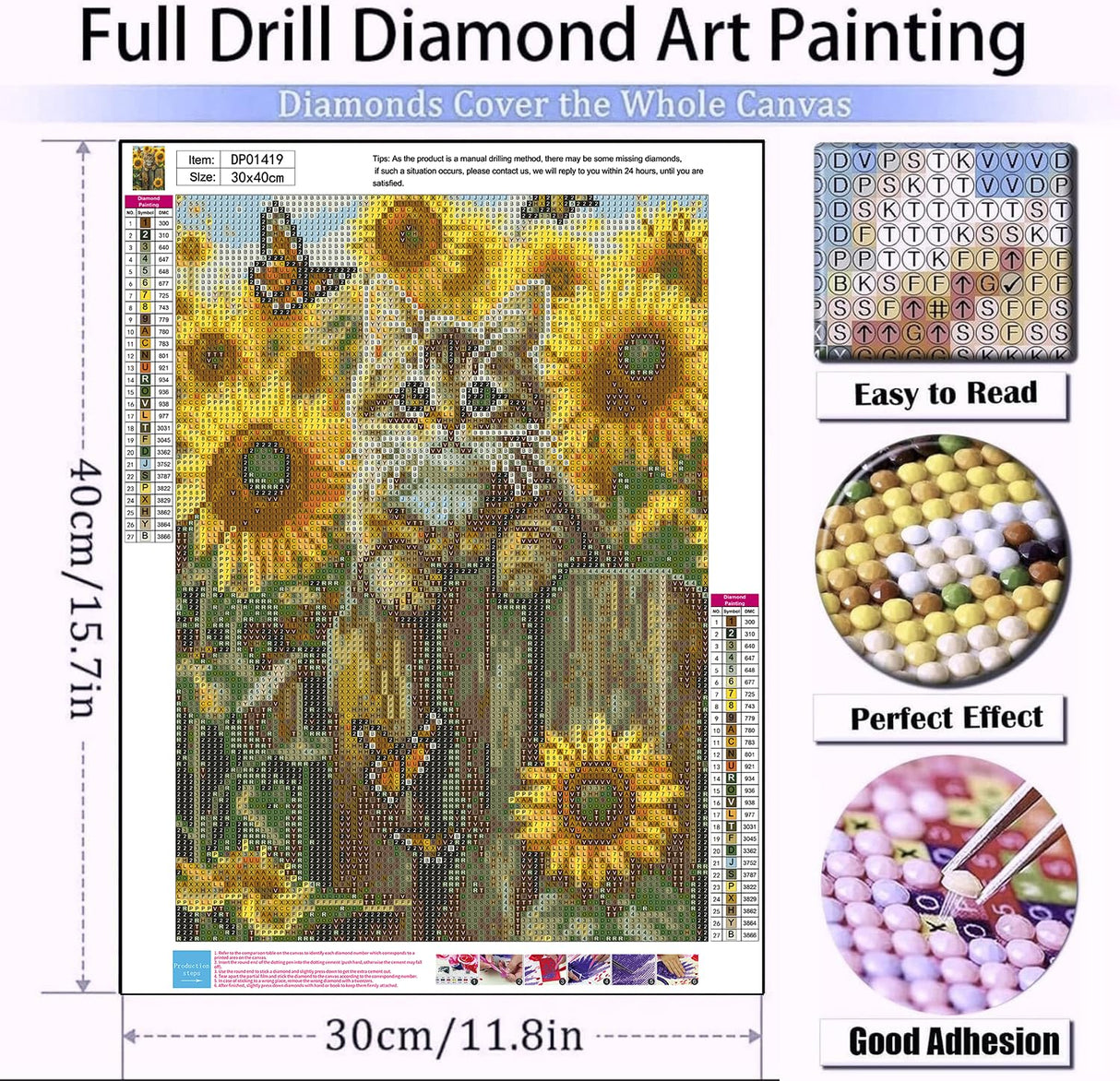 AIBOERL Sunflowers Cat Diamond Art Kits for Adults,Cat 5D Diamond Painting Kits for Adults Beginners,DIY Full Round Drill Diamond Dot Painting Gem Art Kits for Adult,Home Wall Decor 12x16Inch AIBOERL
